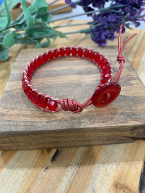 Leather & Beaded Single Wrap Bracelet - Red