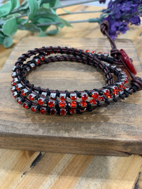 Leather & Cup Chain Triple Wrap Bracelet - Red Rhinestone