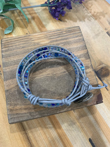 Leather & Beaded Triple Wrap Bracelet - Light Blue
