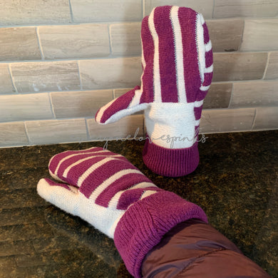Recycled Sweater Mittens Purple Stripe White Palm